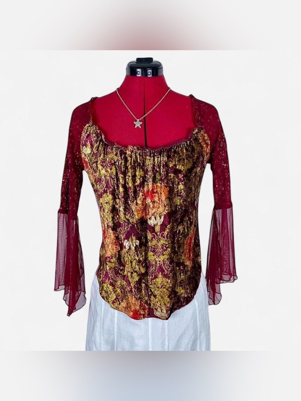 90s VintageClio Burgundy Velvet Floral Blouse with Sheer Bell Sleeves
